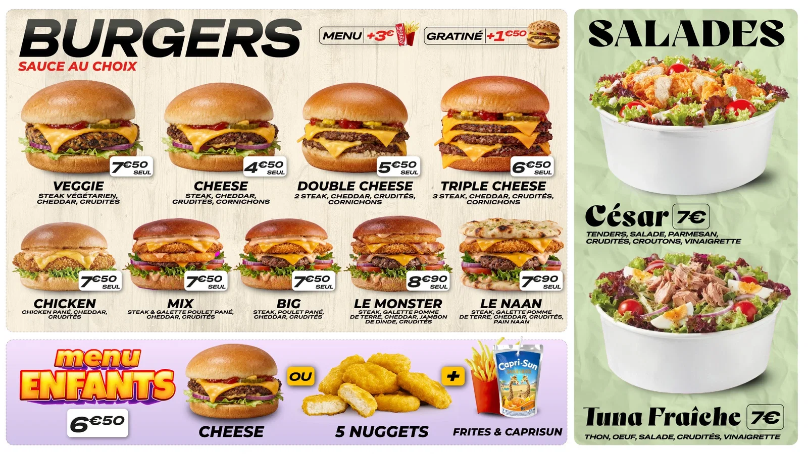 Carte O’Dalil Burgers, Menu enfant et Salades