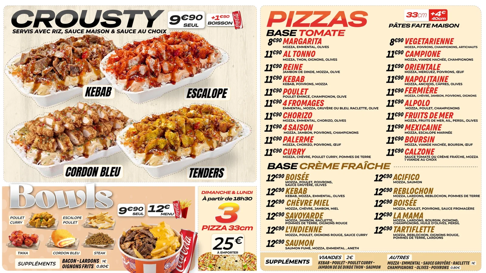 Carte O’Dalil Crousty, Bowls, Tex-Mex et Pizzas