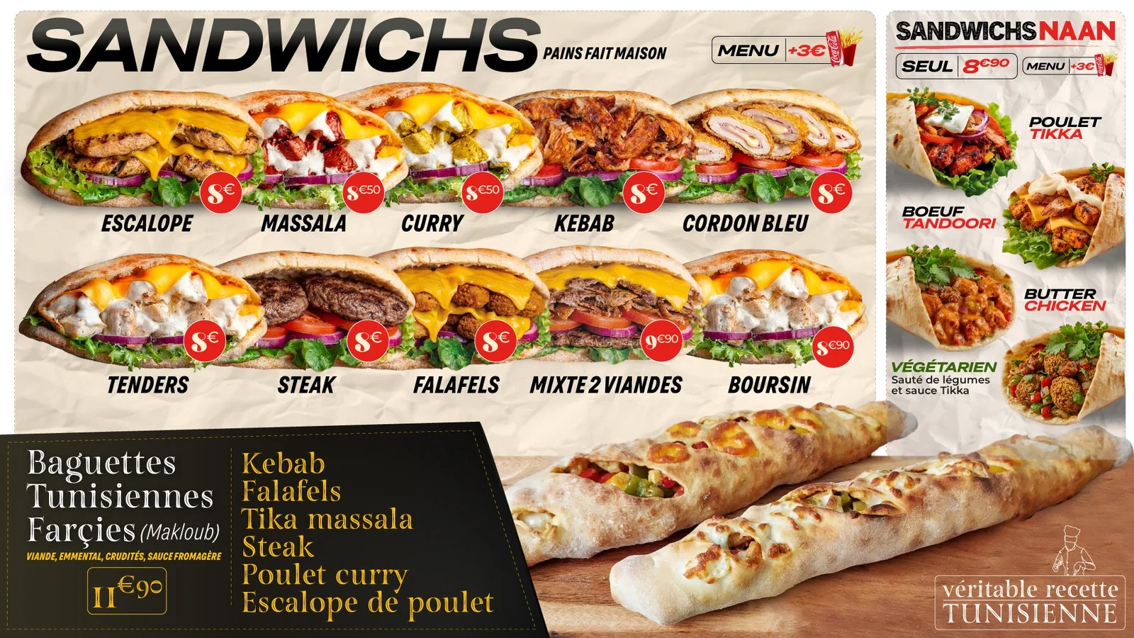 Carte O’Dalil Sandwichs, Sandwichs Naan et Baguettes tunisiennes