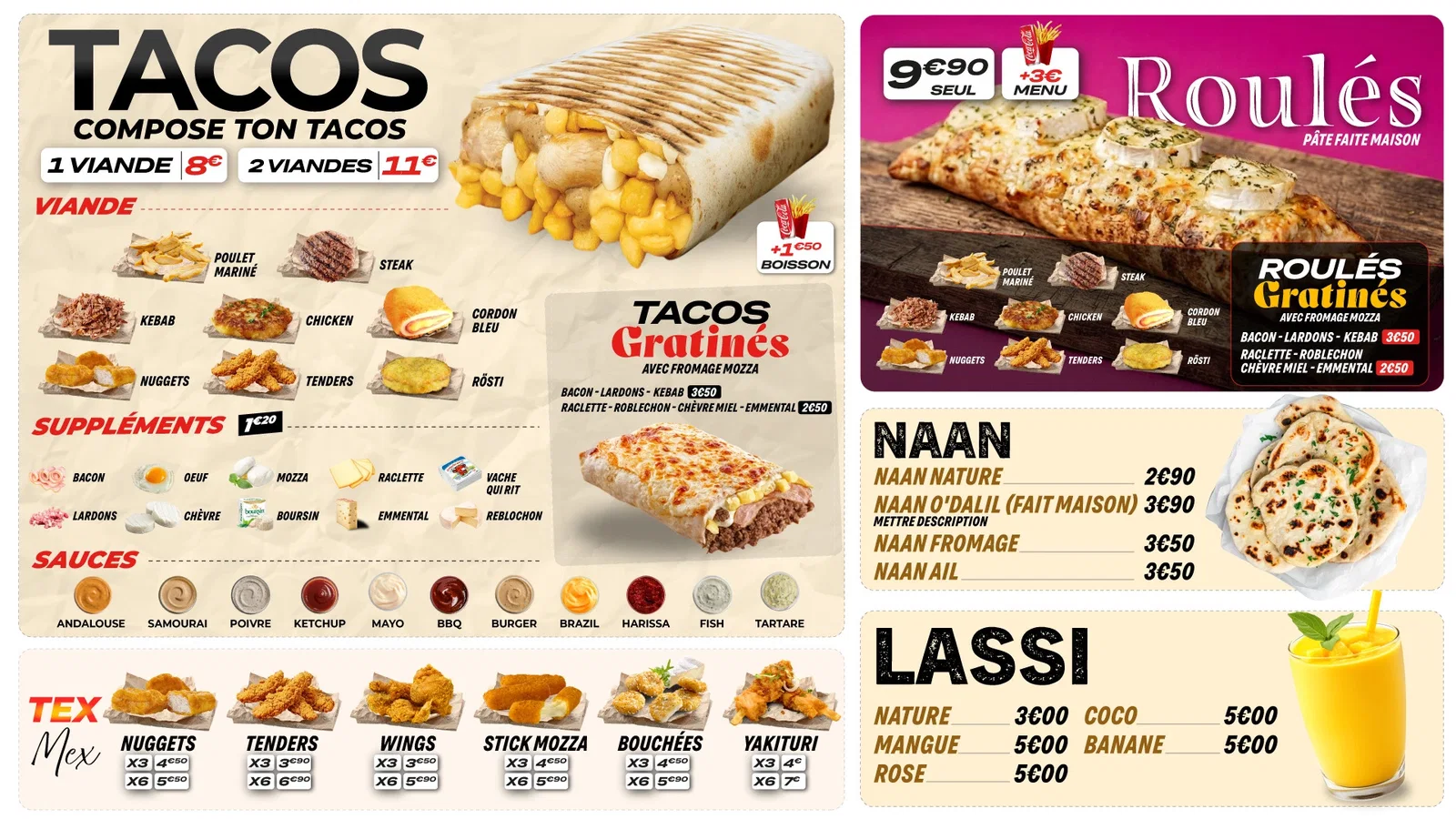 Carte O’Dalil Tacos, Roulés gratinés, Naan et Lassi